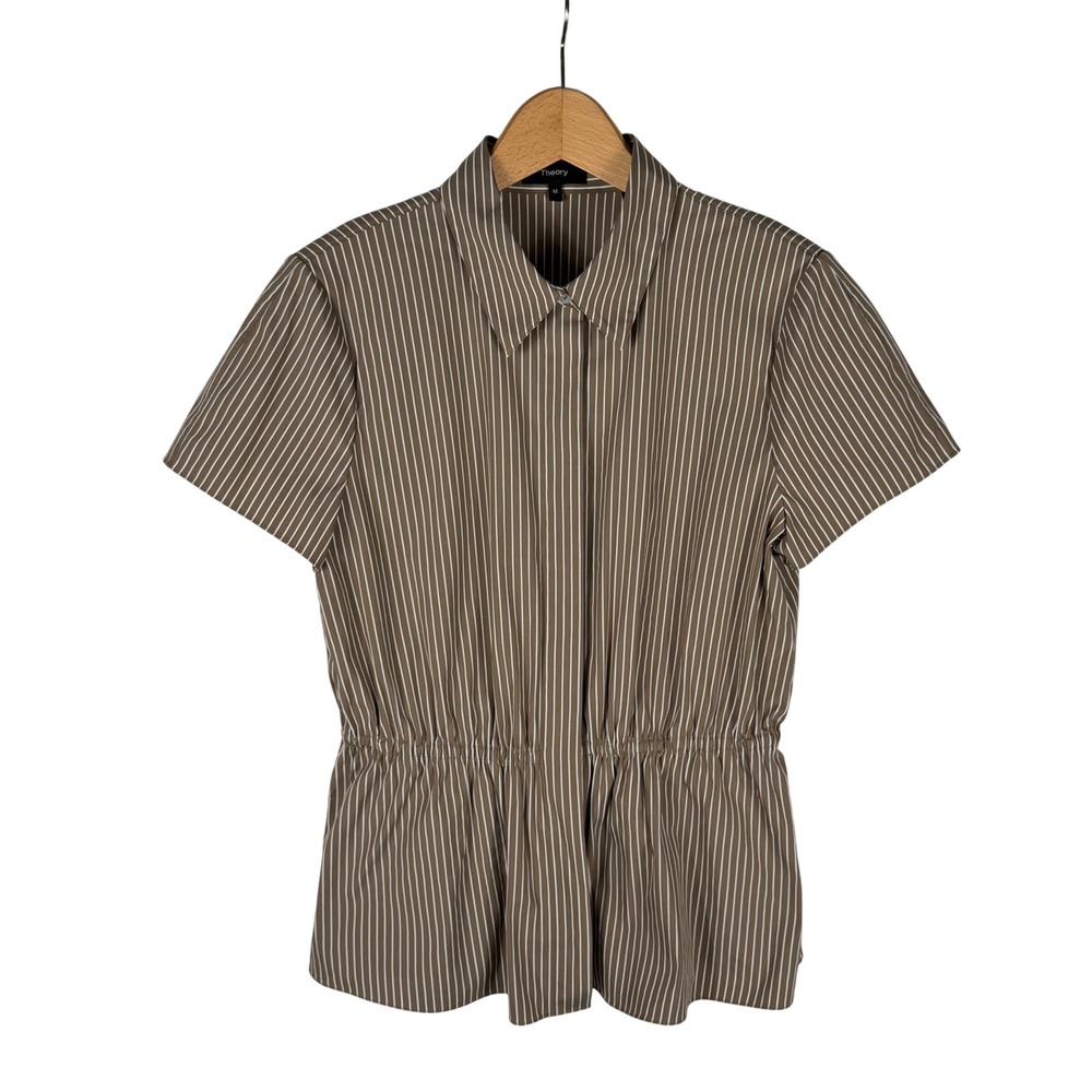 Theory Cinched Shirt Poplin Pinstripe Womens M Khaki Brown Button Down